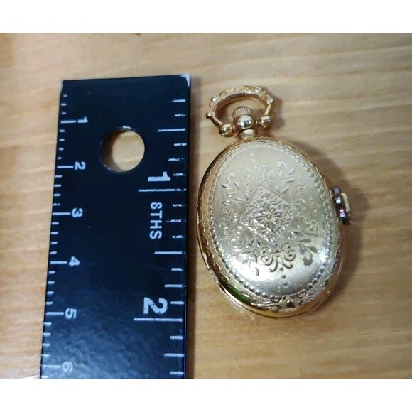 Vintage Oval Etched Quartz Pocket Watch Gold tone Pendant Not Working Butterfly